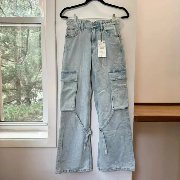 NWT Zara TRF Belt Loop Cargo Jeans Denim 8197/034 in Light Blue Size 25 - Picture 11 of 11